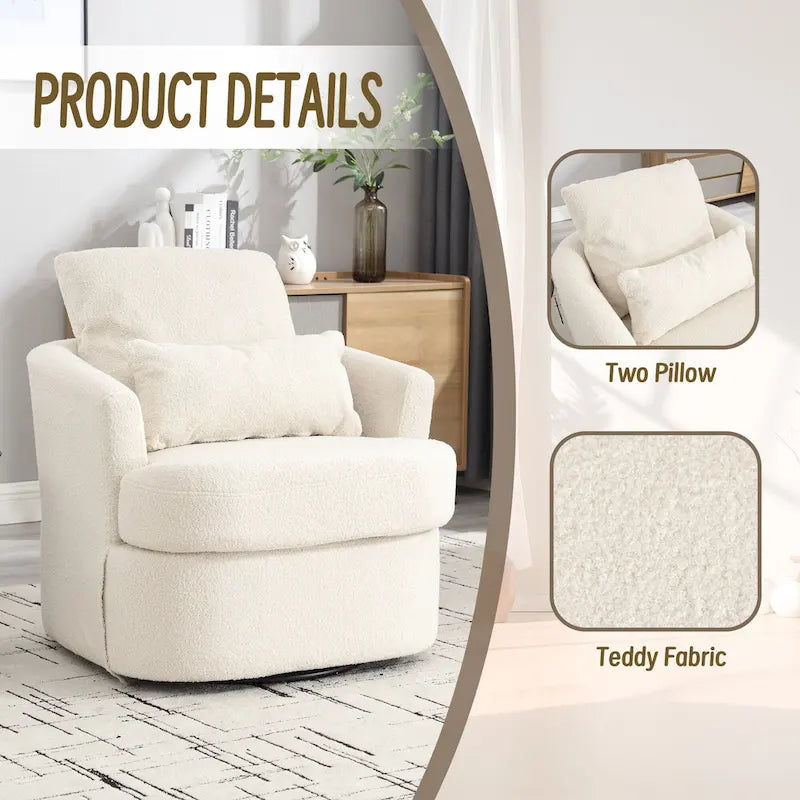 Fauteuil rond pivotant 360° Teddy blanc 32,68" avec base en métal