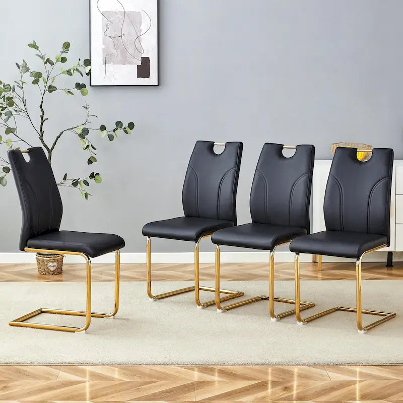 Ensemble de chaises de salle à manger en PU, chaises de salle à manger noires au design unique, matériau PU, pieds de chaise en métal doré (lot de 4)