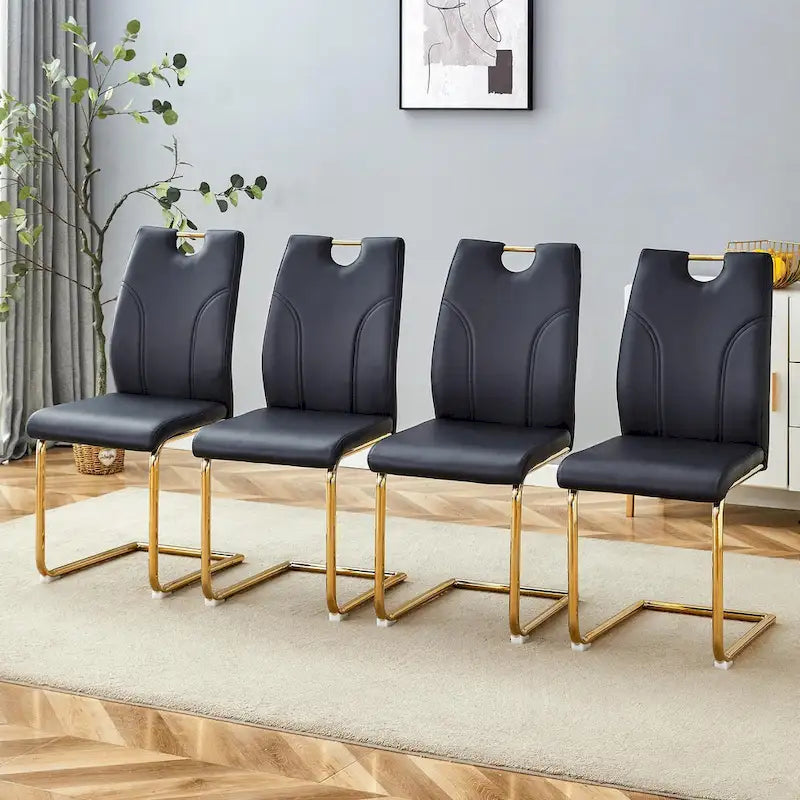 Ensemble de chaises de salle à manger en PU, chaises de salle à manger noires au design unique, matériau PU, pieds de chaise en métal doré (lot de 4)