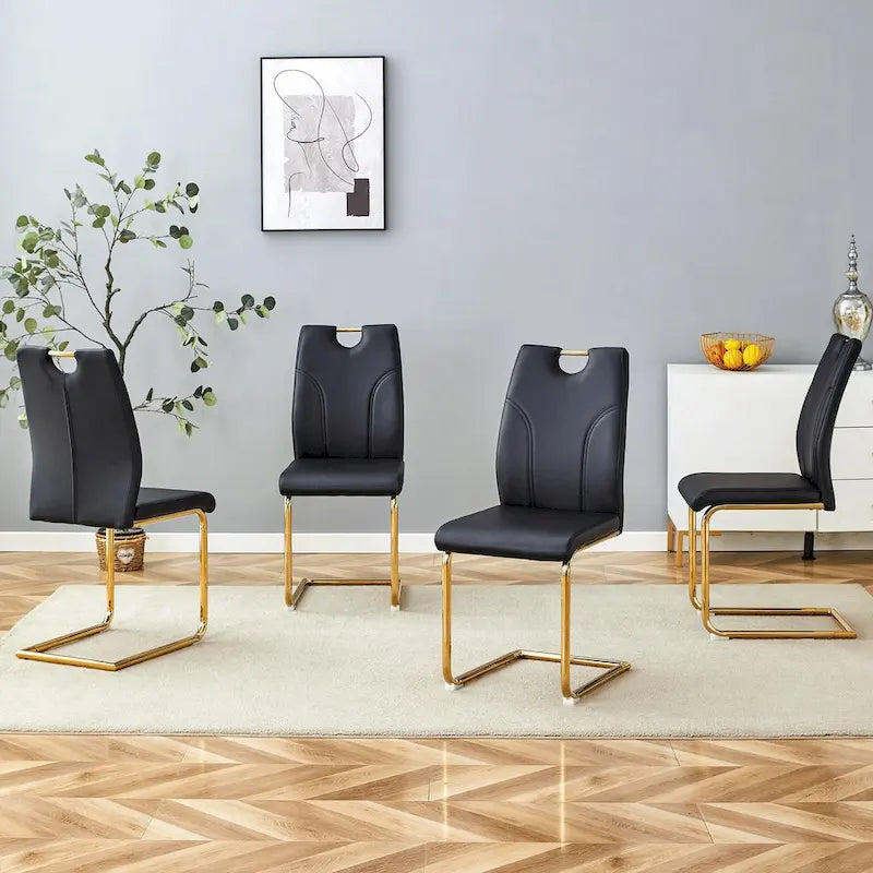 Ensemble de chaises de salle à manger en PU, chaises de salle à manger noires au design unique, matériau PU, pieds de chaise en métal doré (lot de 4)