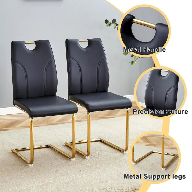 Ensemble de chaises de salle à manger en PU, chaises de salle à manger noires au design unique, matériau PU, pieds de chaise en métal doré (lot de 4)