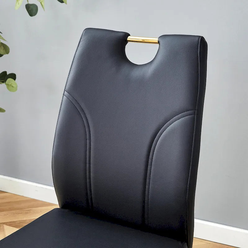 Ensemble de chaises de salle à manger en PU, chaises de salle à manger noires au design unique, matériau PU, pieds de chaise en métal doré (lot de 4)