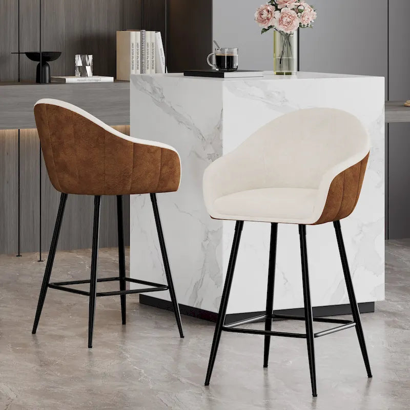Tabourets de comptoir rembourrés modernes de 26,5 po, ensemble de 2 chaises de bar avec pieds en métal et siège rembourré, beige+marron