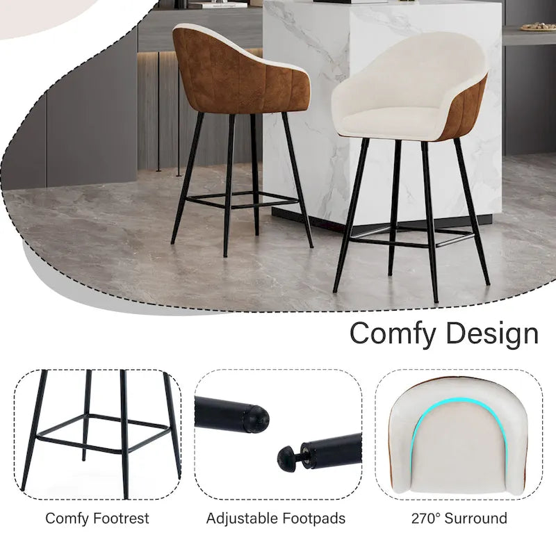 Tabourets de comptoir rembourrés modernes de 26,5 po, ensemble de 2 chaises de bar avec pieds en métal et siège rembourré, beige+marron