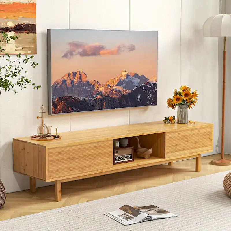 Meuble TV en bambou de 160 cm avec 3 cubes de rangement et portes coulissantes