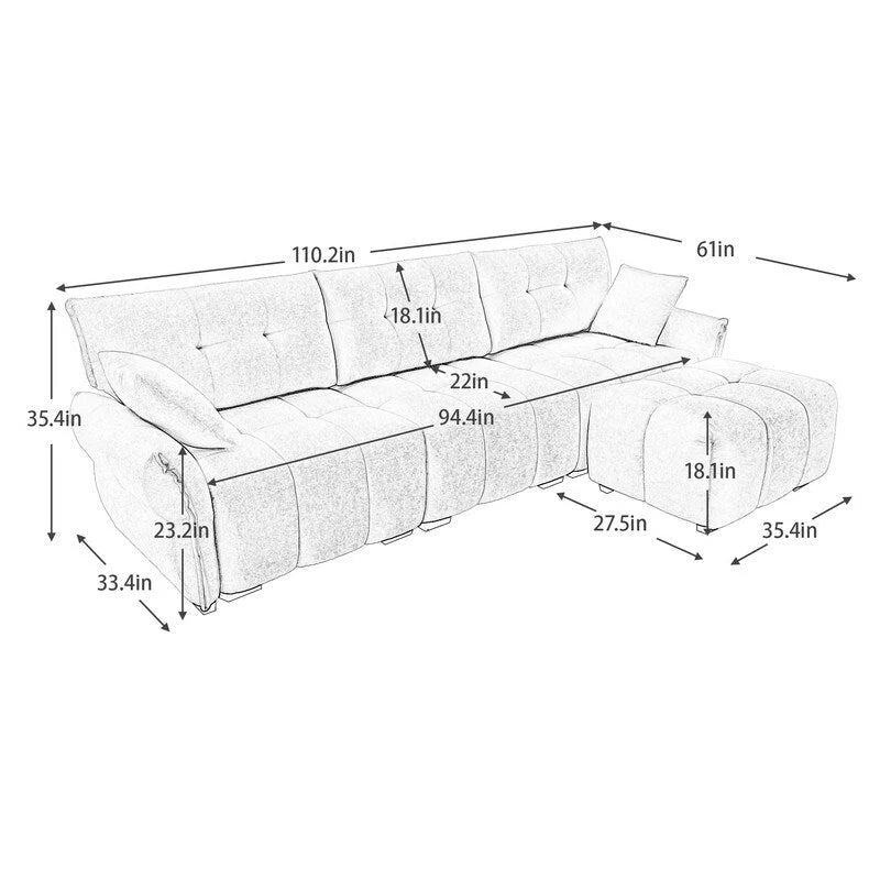 110,2 Canapé trois places en chenille, 1 pouf