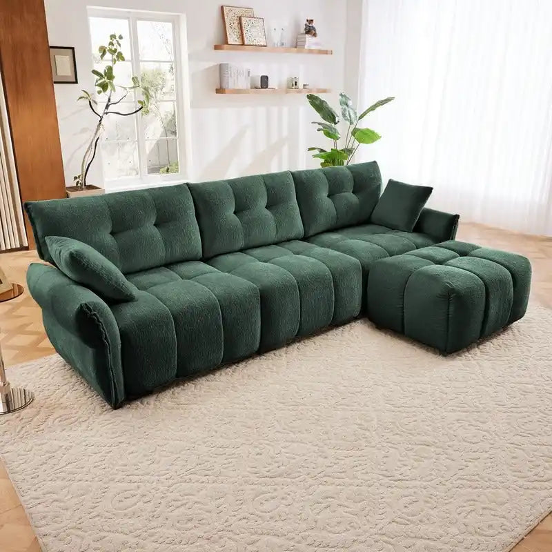 110,2 Canapé trois places en chenille, 1 pouf