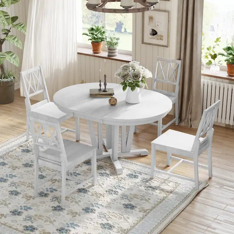 Ensemble de table à manger ronde extensible 5 pièces, ensemble de table et chaises de salle à manger de cuisine en bois massif avec 4 chaises de salle à manger à dossier croisé