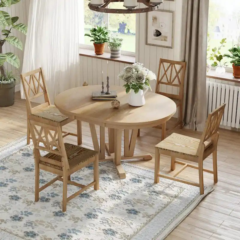 Ensemble de table à manger ronde extensible 5 pièces, ensemble de table et chaises de salle à manger de cuisine en bois massif avec 4 chaises de salle à manger à dossier croisé