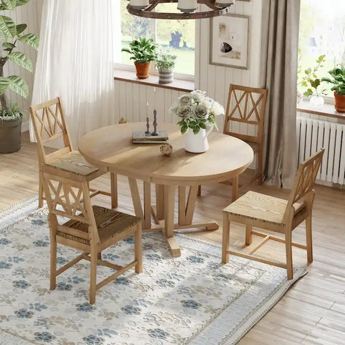 Ensemble de table à manger ronde extensible 5 pièces, ensemble de table et chaises de salle à manger de cuisine en bois massif avec 4 chaises de salle à manger à dossier croisé