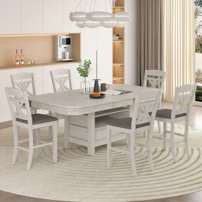 Table à manger rectangulaire extensible moderne en bois massif de 198 cm avec étagère de rangement à 3 niveaux