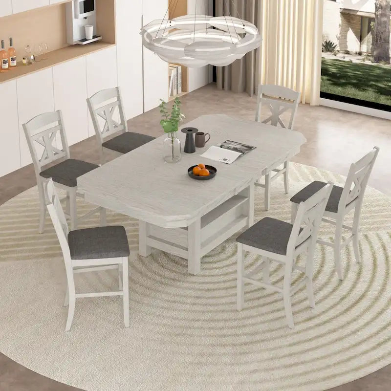 Table à manger rectangulaire extensible moderne en bois massif de 198 cm avec étagère de rangement à 3 niveaux