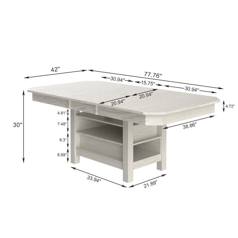 Table à manger rectangulaire extensible moderne en bois massif de 198 cm avec étagère de rangement à 3 niveaux