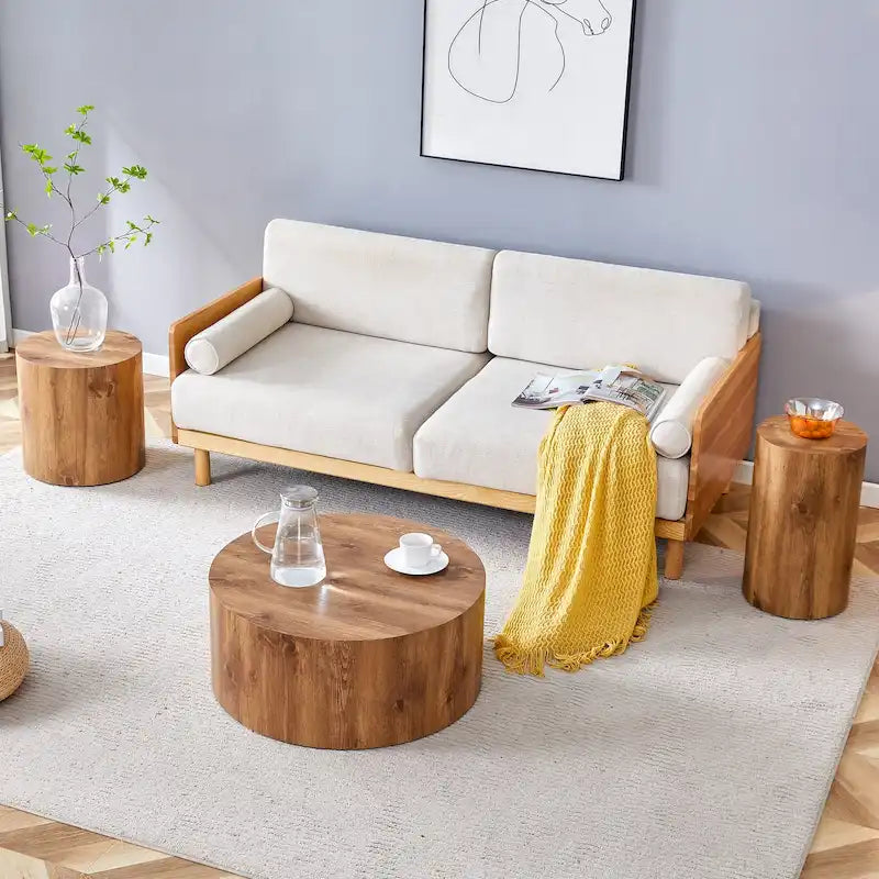 Ensemble de 3 tables basses rondes modernes avec plateau autocollant à grain de bois pour salon
