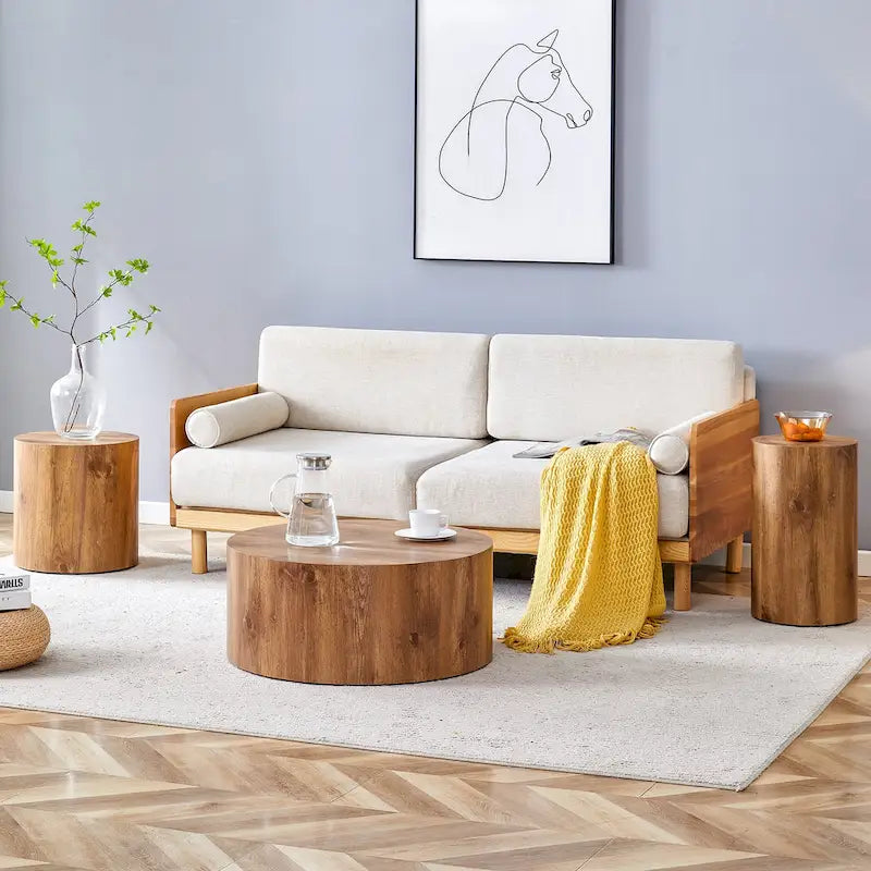 Ensemble de 3 tables basses rondes modernes avec plateau autocollant à grain de bois pour salon