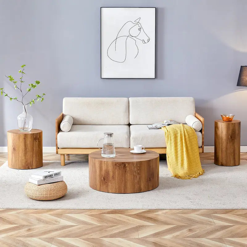 Ensemble de 3 tables basses rondes modernes avec plateau autocollant à grain de bois pour salon