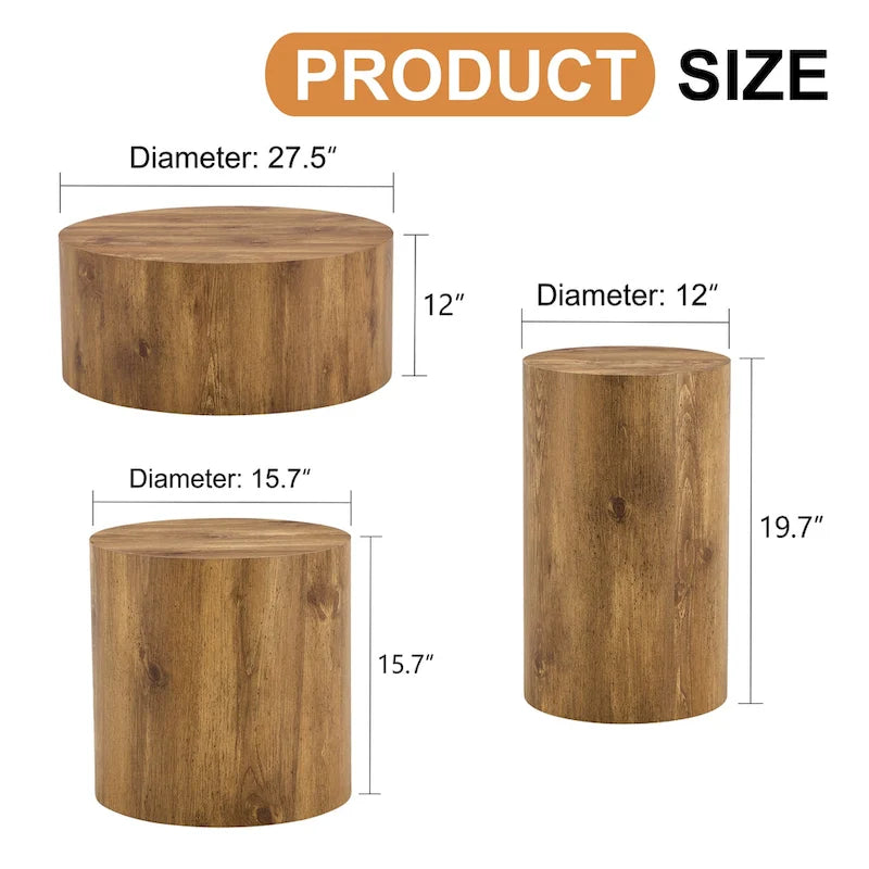 Ensemble de 3 tables basses rondes modernes avec plateau autocollant à grain de bois pour salon