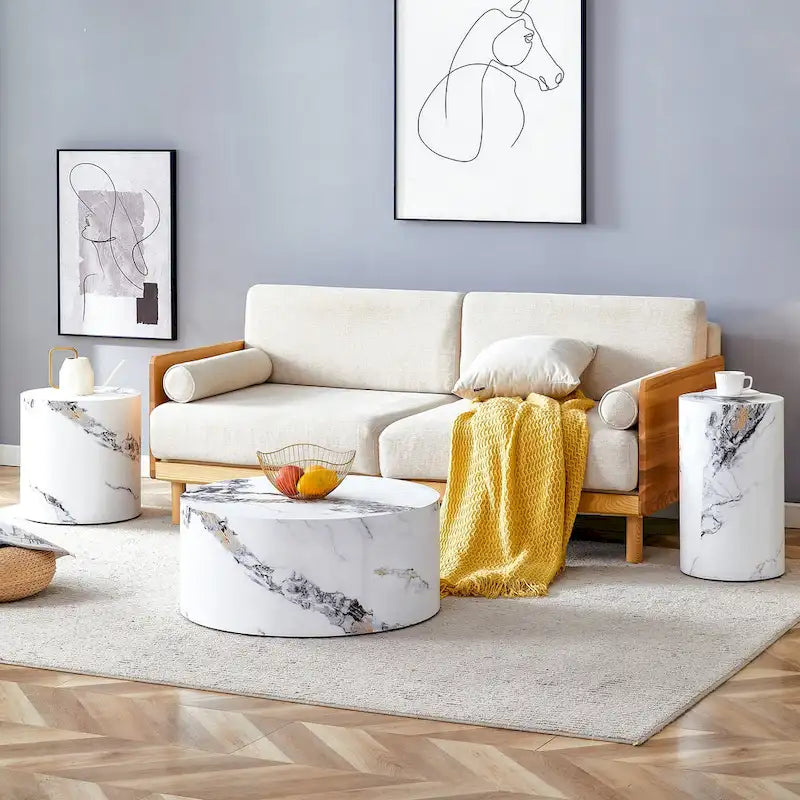 Ensemble de 3 tables basses rondes modernes avec plateau autocollant à grain de bois pour salon