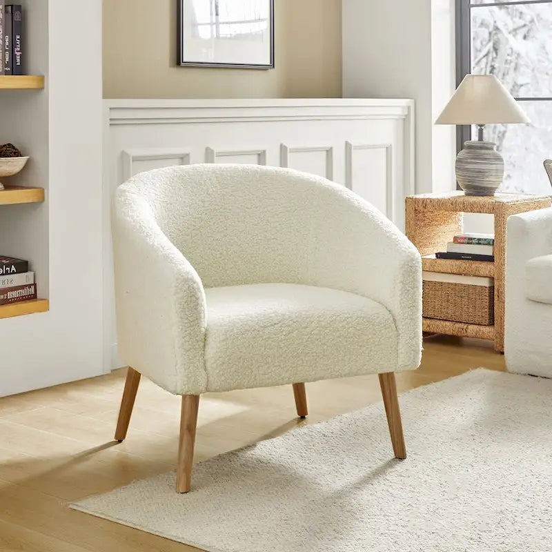 Fauteuil moderne en bouclette 31W avec pieds en bois massif