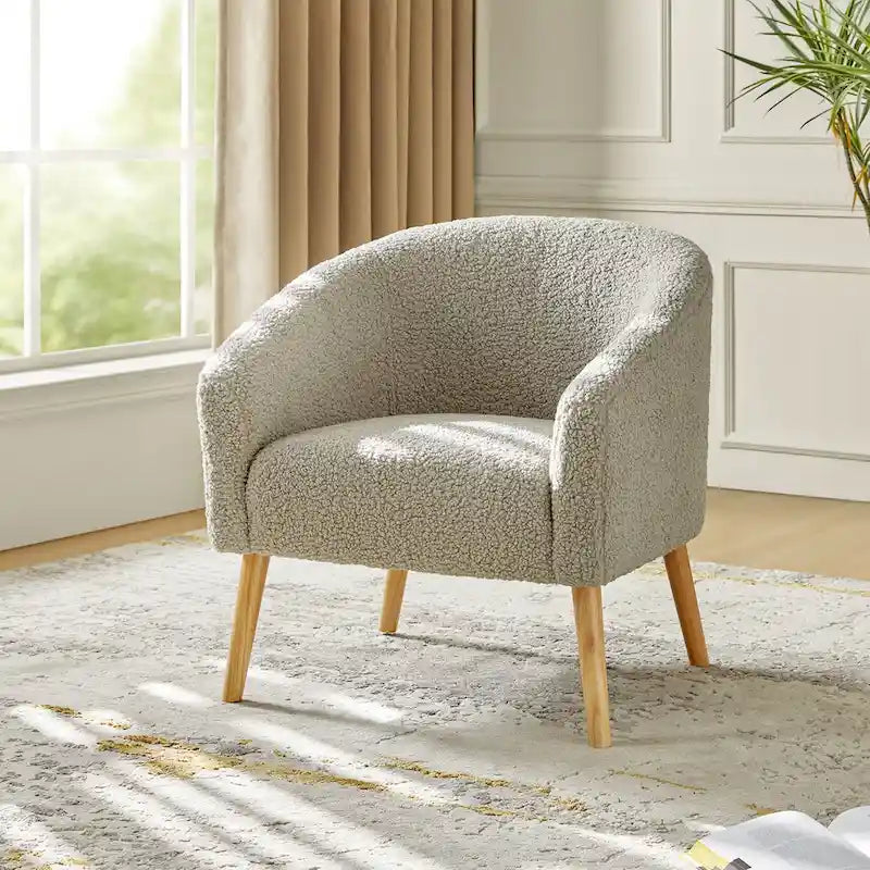 Fauteuil moderne en bouclette 31W avec pieds en bois massif