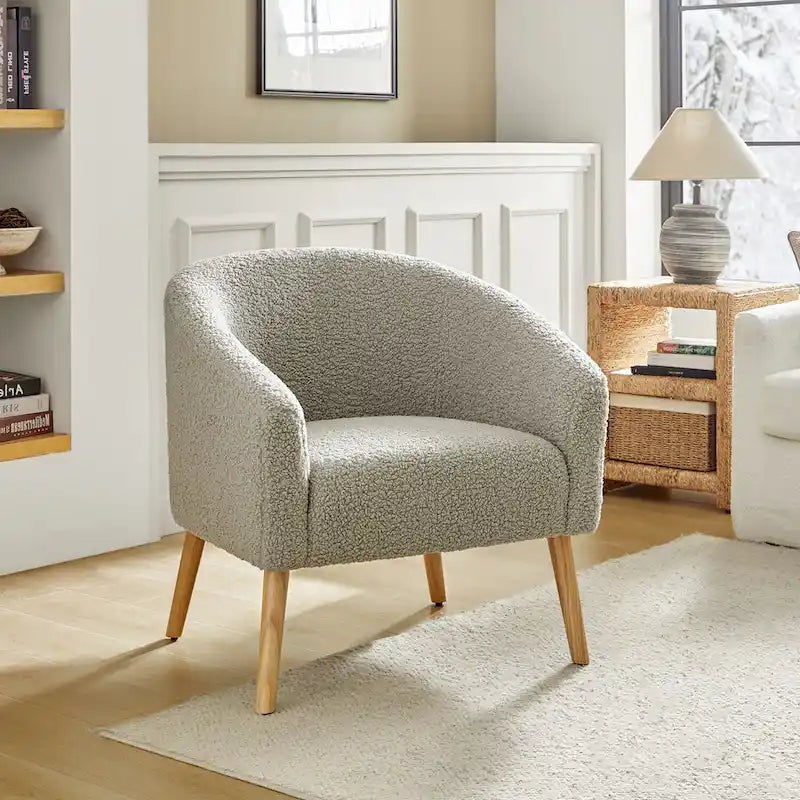 Fauteuil moderne en bouclette 31W avec pieds en bois massif
