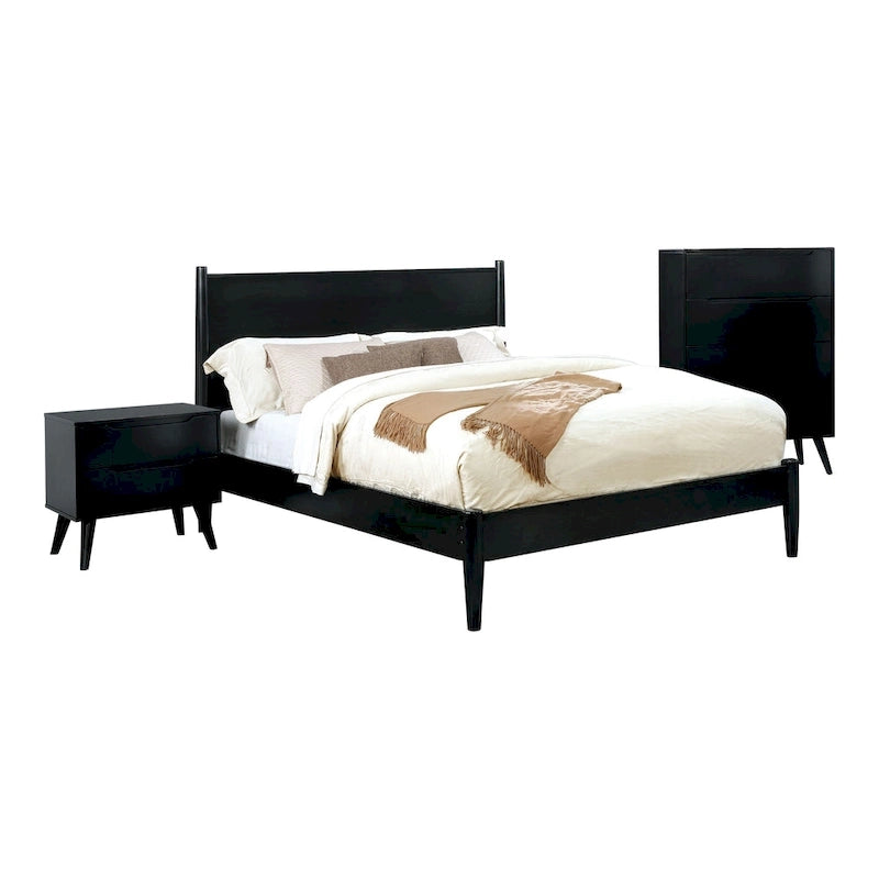Ensemble de chambre à coucher 3 pièces en bois noir, style moderne du milieu du siècle, avec plateforme