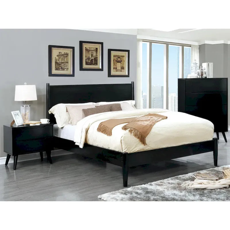 Ensemble de chambre à coucher 3 pièces en bois noir, style moderne du milieu du siècle, avec plateforme