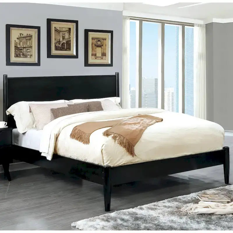 Ensemble de chambre à coucher 3 pièces en bois noir, style moderne du milieu du siècle, avec plateforme