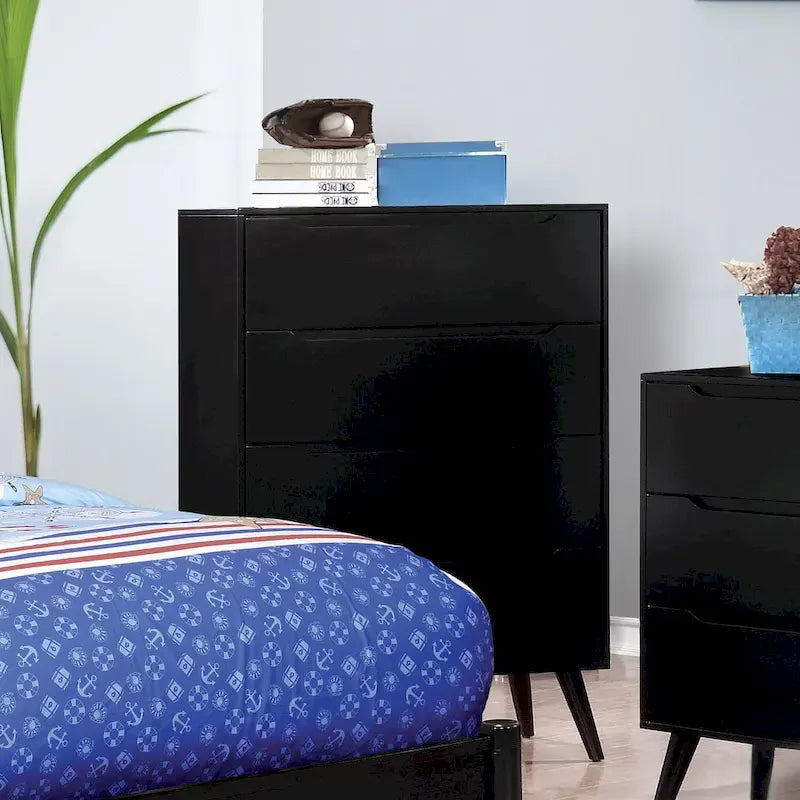 Ensemble de chambre à coucher 3 pièces en bois noir, style moderne du milieu du siècle, avec plateforme
