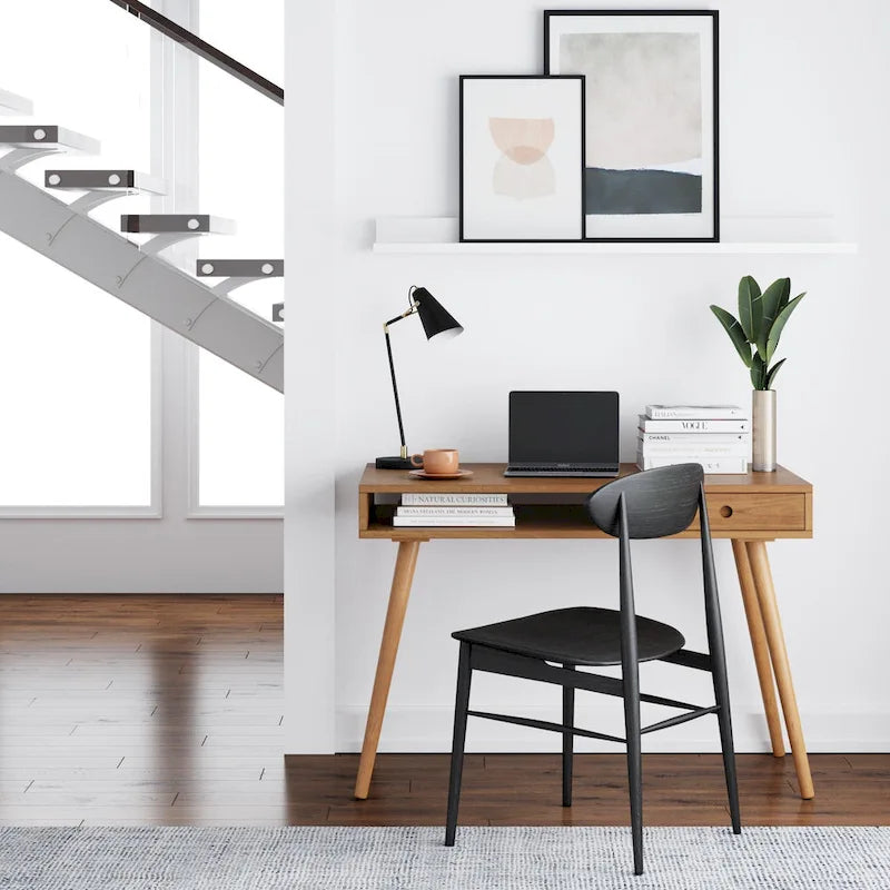 Bureau en Noyer avec Rangement Ouvert et Petit Tiroir
