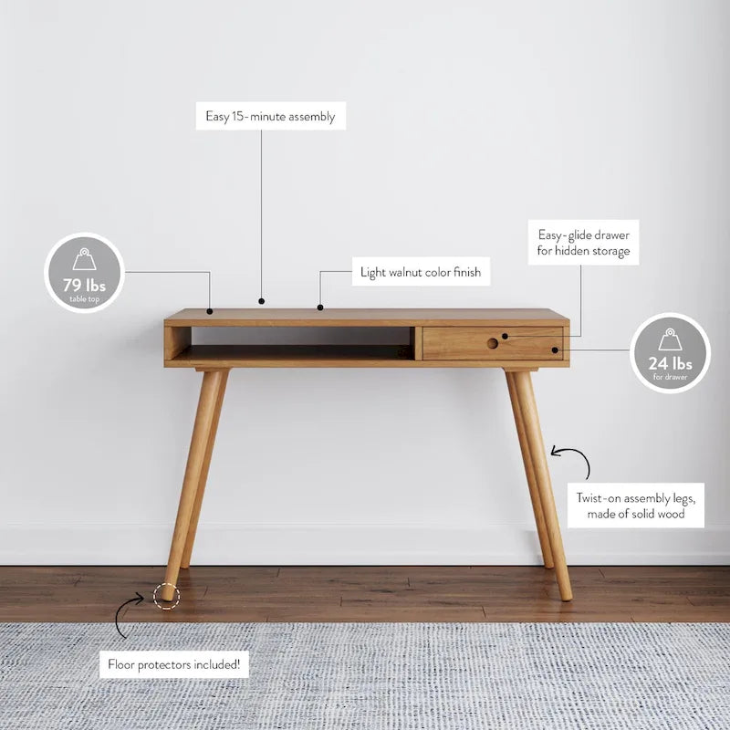 Bureau en Noyer avec Rangement Ouvert et Petit Tiroir