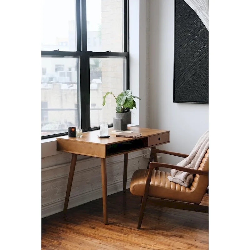 Bureau en Noyer avec Rangement Ouvert et Petit Tiroir