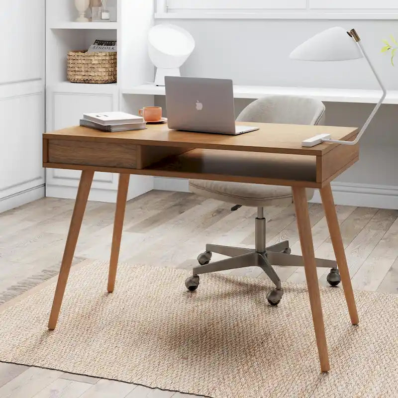 Bureau en Noyer avec Rangement Ouvert et Petit Tiroir