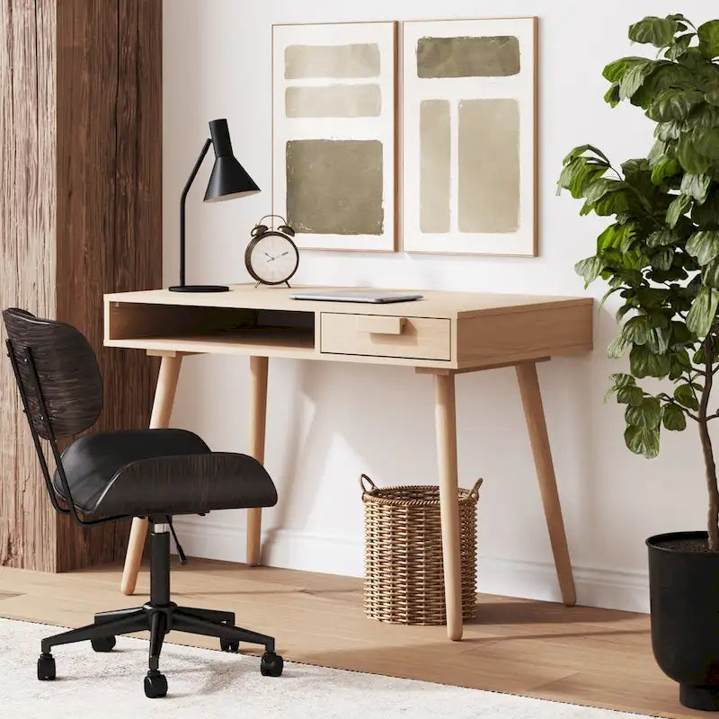 Bureau en Noyer avec Rangement Ouvert et Petit Tiroir