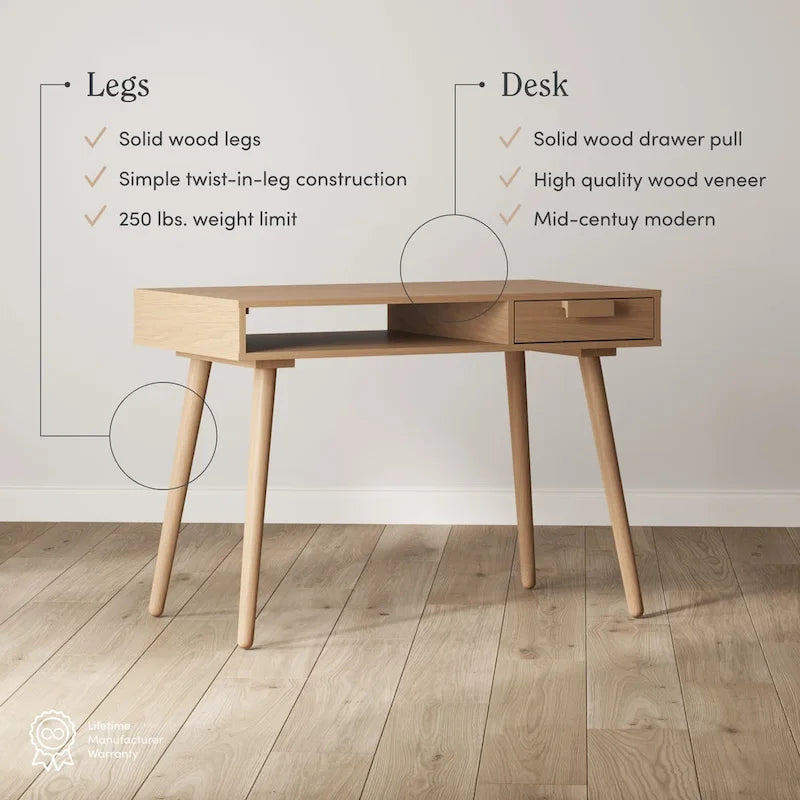 Bureau en Noyer avec Rangement Ouvert et Petit Tiroir