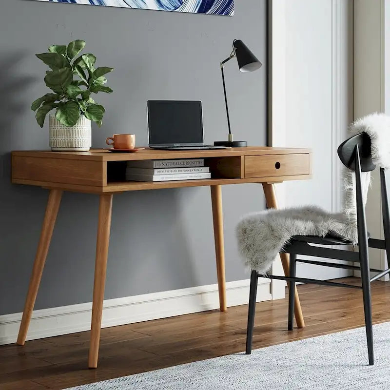 Bureau en Noyer avec Rangement Ouvert et Petit Tiroir