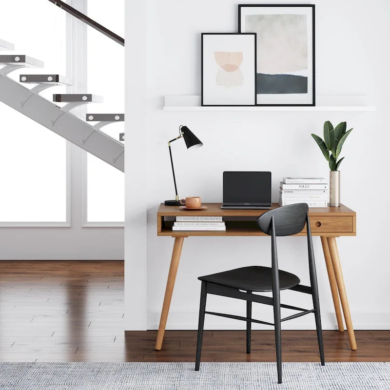 Bureau en Noyer avec Rangement Ouvert et Petit Tiroir