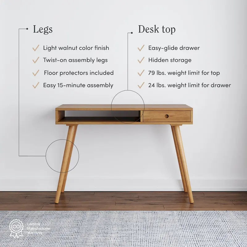 Bureau en Noyer avec Rangement Ouvert et Petit Tiroir