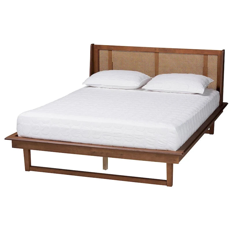 Lit plateforme en bois fini noyer brun de style Mid-Century Modern