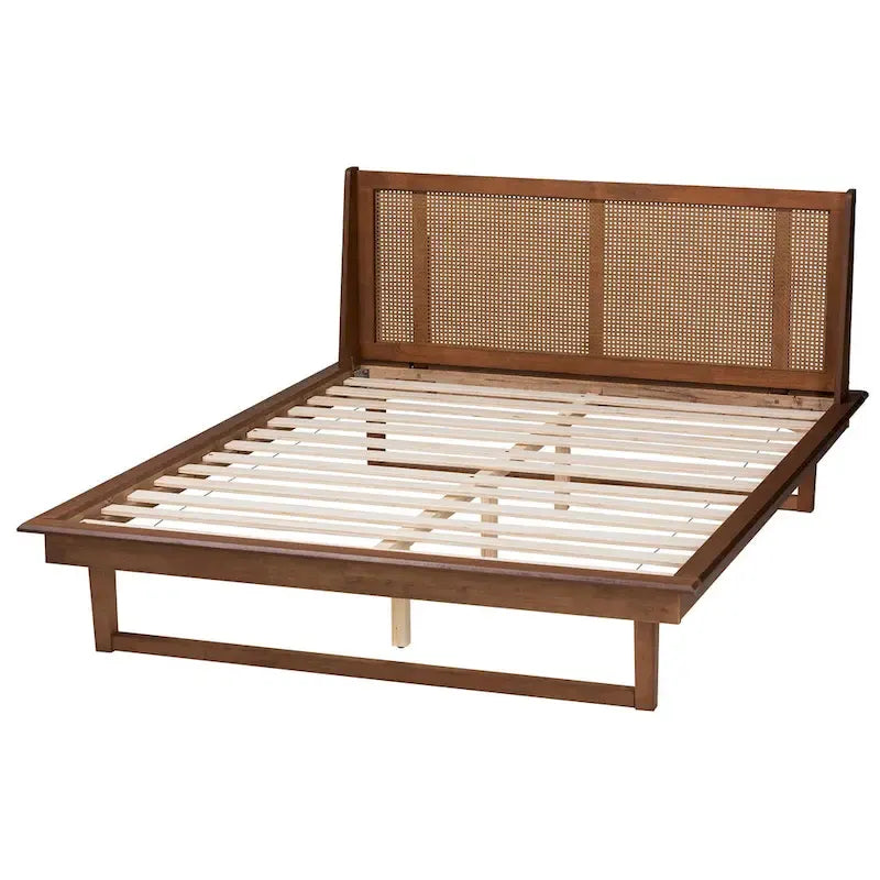 Lit plateforme en bois fini noyer brun de style Mid-Century Modern