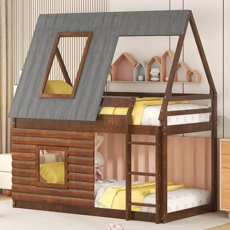 Lit superposé cabane en bois de taille double avec toit, échelle et 2 fenêtres, chêne et gris fumé