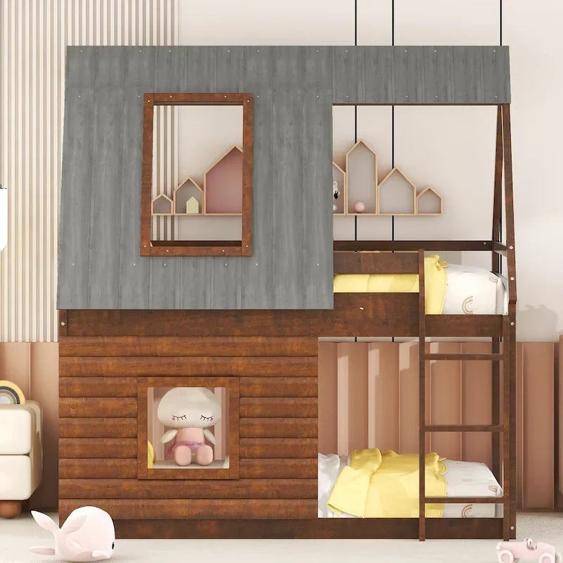 Lit superposé cabane en bois de taille double avec toit, échelle et 2 fenêtres, chêne et gris fumé