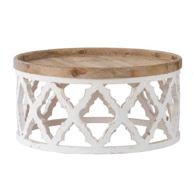 Table basse de 32 pouces, ronde, motif treillis quadrilobe, marron, blanc