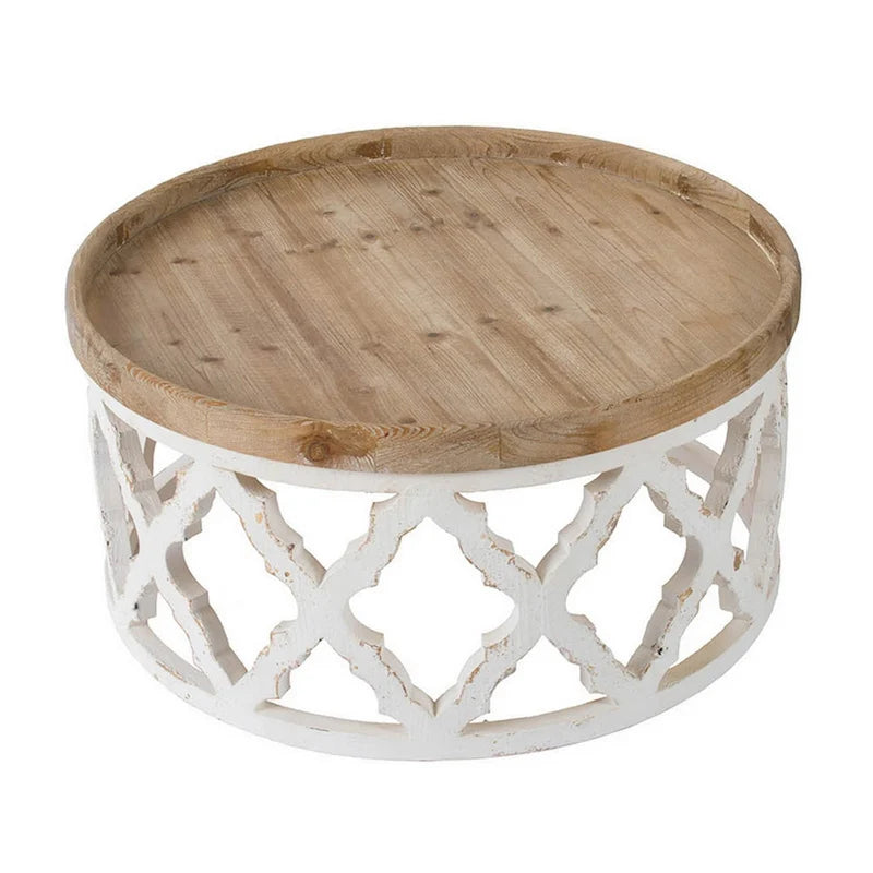 Table basse de 32 pouces, ronde, motif treillis quadrilobe, marron, blanc
