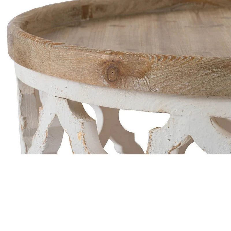 Table basse de 32 pouces, ronde, motif treillis quadrilobe, marron, blanc