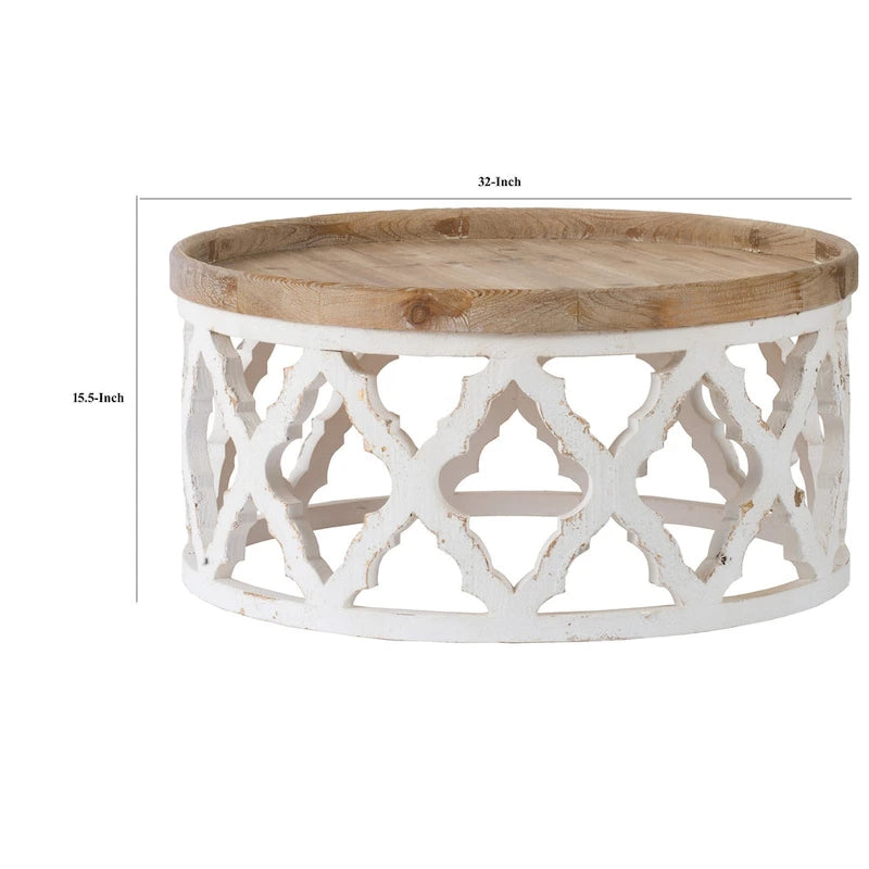 Table basse de 32 pouces, ronde, motif treillis quadrilobe, marron, blanc