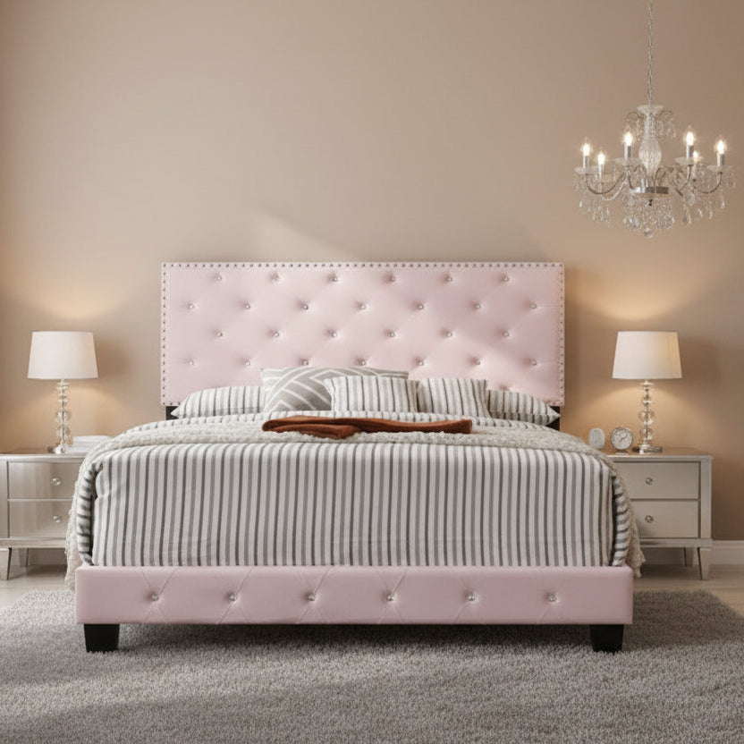 Pink Velvet Platform Bed with Nailhead Trim, Queen Size