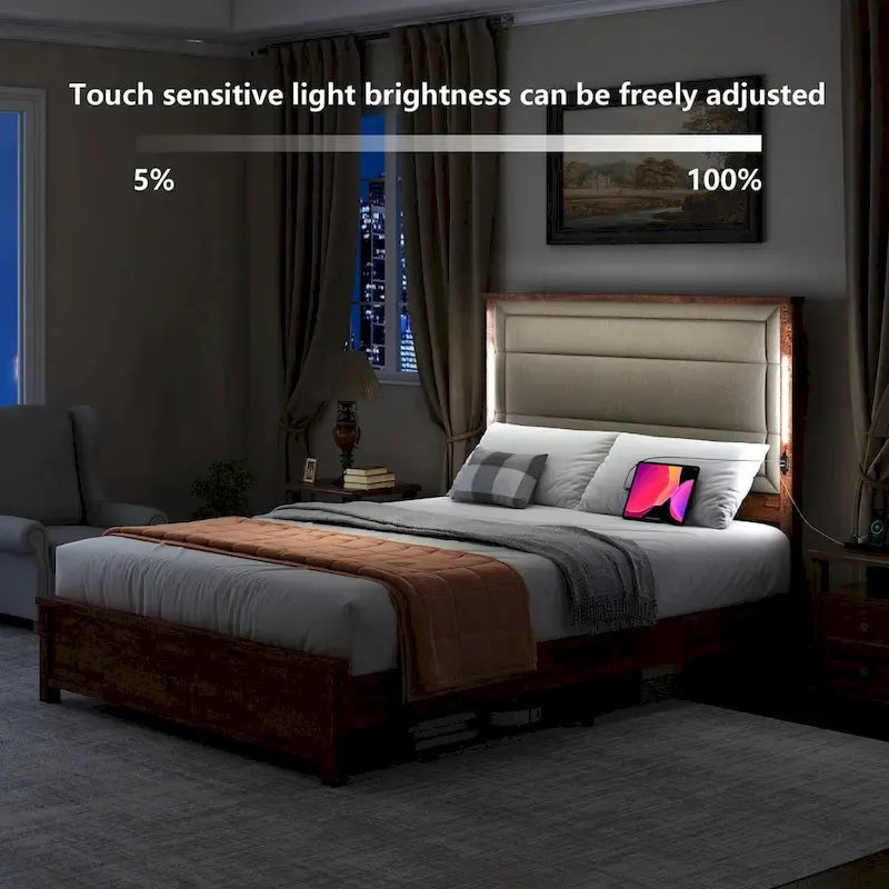 Cadre de lit Queen Size avec tête de lit rembourrée, avec station de recharge et lumières LED, lattes en bois, aucun sommier tapissier requis