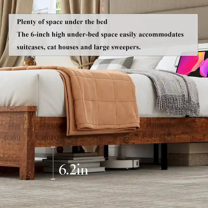 Cadre de lit Queen Size avec tête de lit rembourrée, avec station de recharge et lumières LED, lattes en bois, aucun sommier tapissier requis