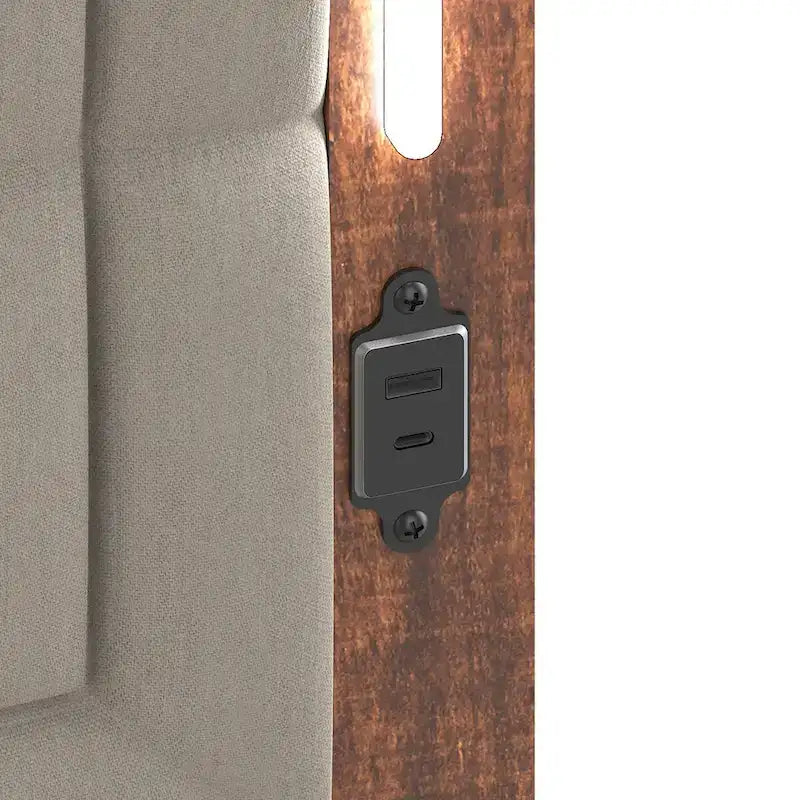 Cadre de lit Queen Size avec tête de lit rembourrée, avec station de recharge et lumières LED, lattes en bois, aucun sommier tapissier requis